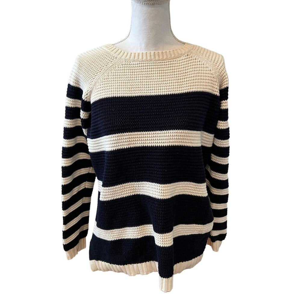 Talbots Chunky Knit Nautical Striped Spring Sweater Navy Blue Cream M
